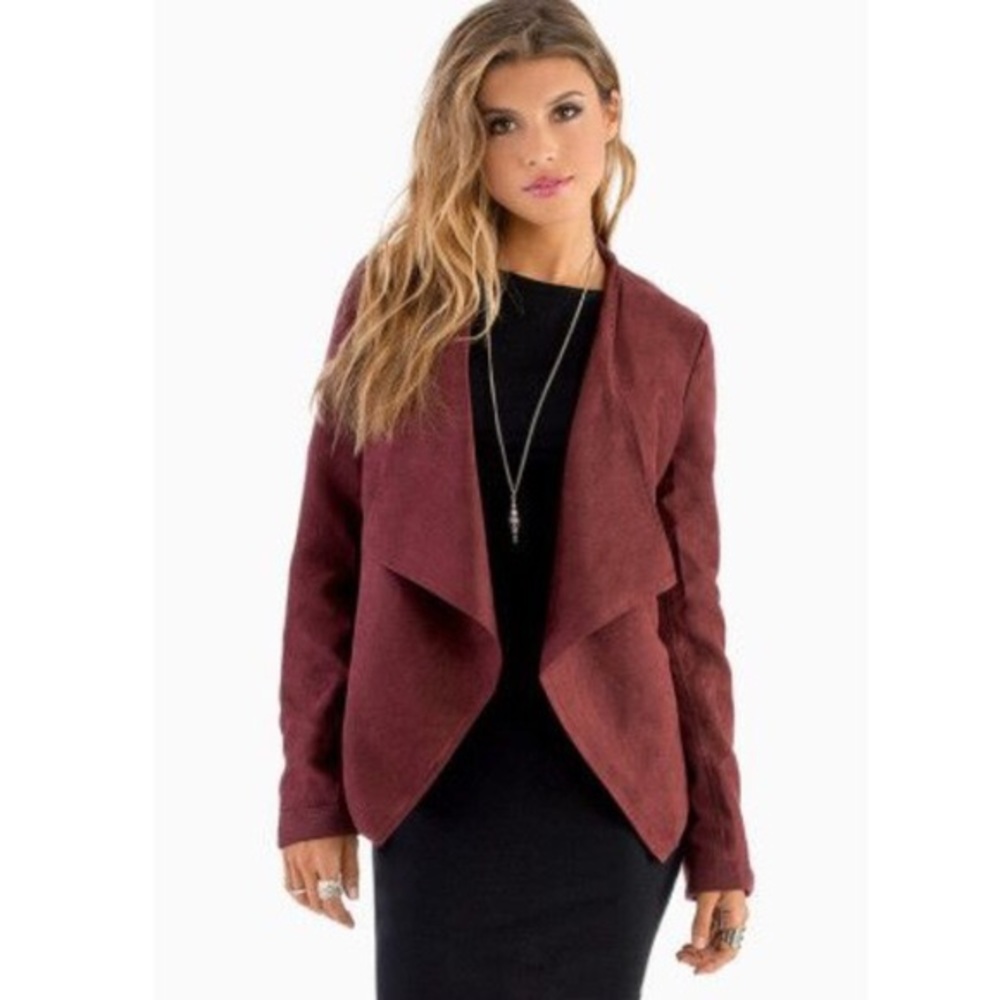 Tobi Open Front Faux Suede Burgundy Jacket